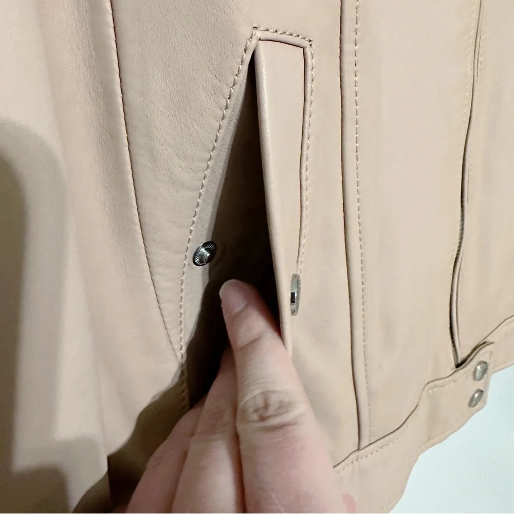 Cole Haan Smooth Lambskin Leather Moto Jacket‎ Nude Pink Size Large